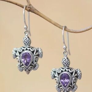 Sterling Silver Turtle Amethyst Drop Earrings - Purple